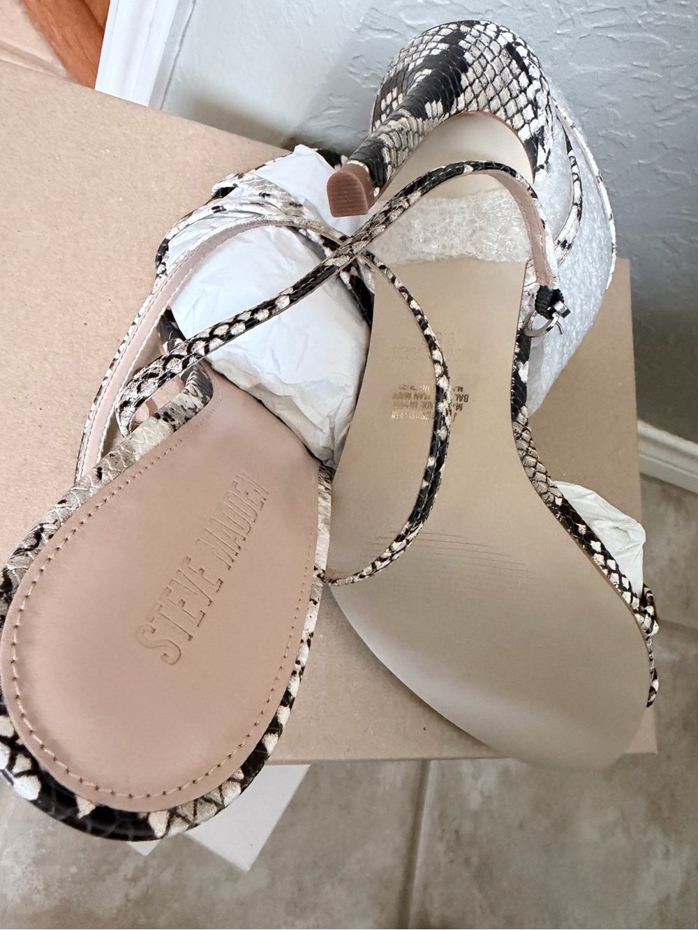 Steve Madden Snakeskin-Print Strappy Sandals in Black and Cream